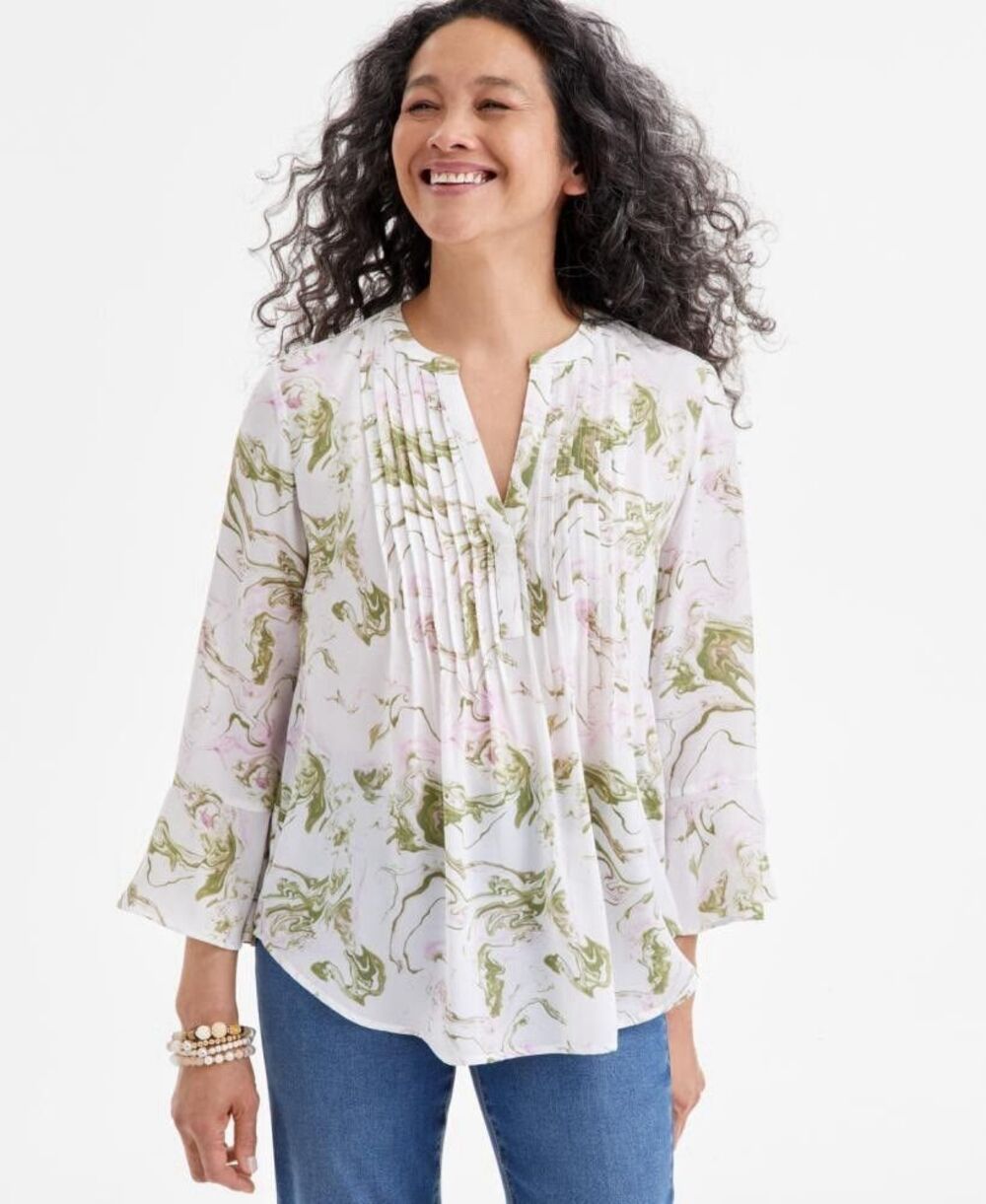 Style & Co Pin Tuck V Neck Top M Abstract Print Cotton Modal Flowy Boho